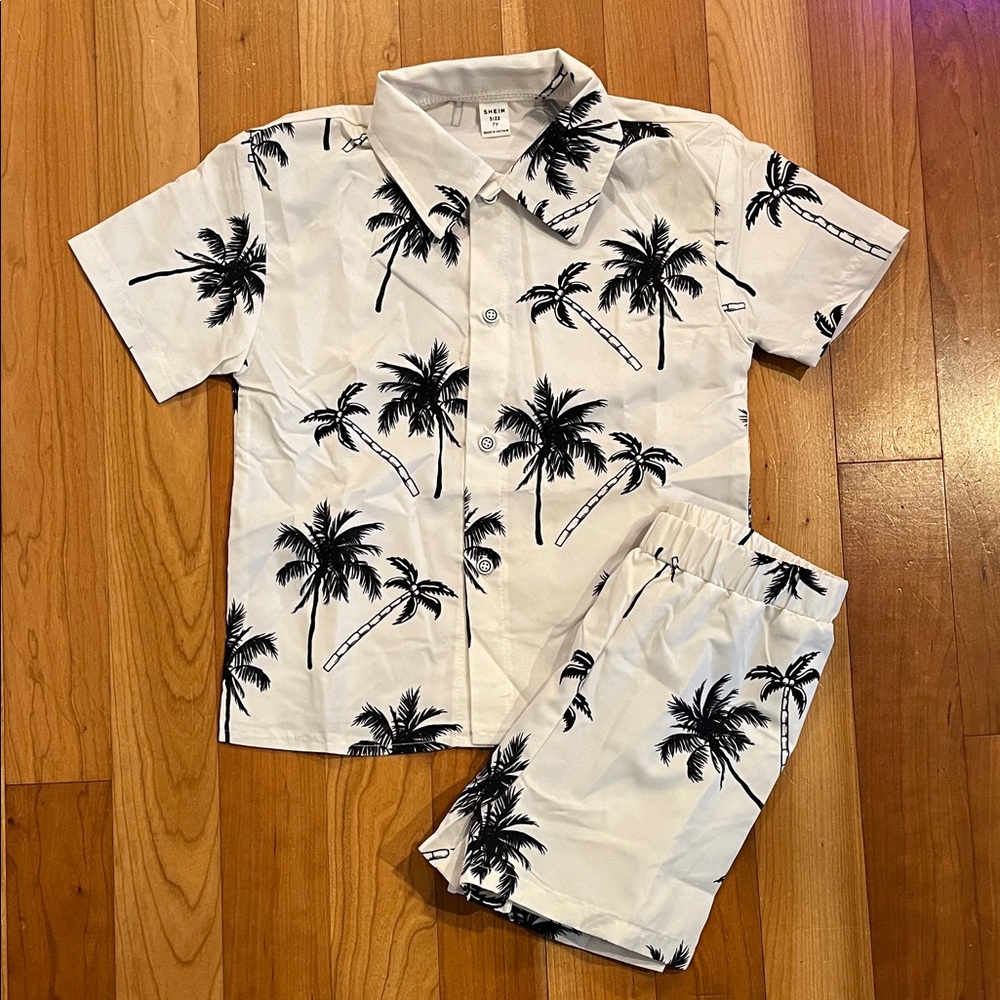 Kids Palm Tree Print Matching Set - Button Down Shirt and Shorts